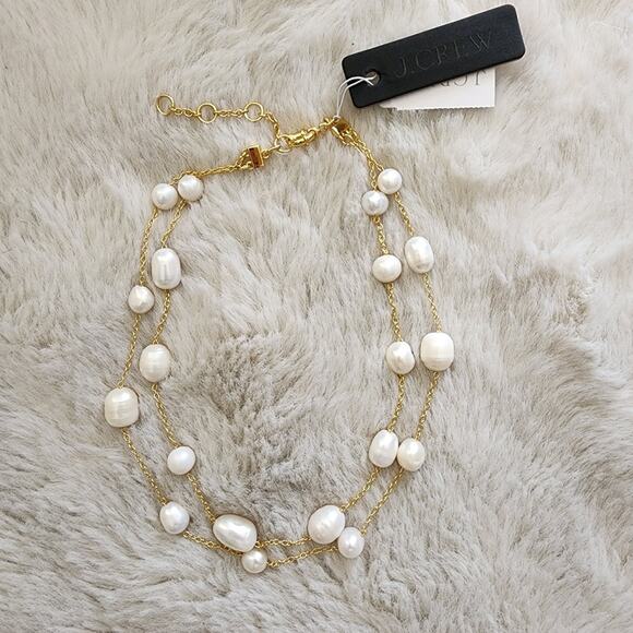 NEW J. Crew Layered Fresh Water Pearl Necklace Gold Chain - Picture 2 of 10
